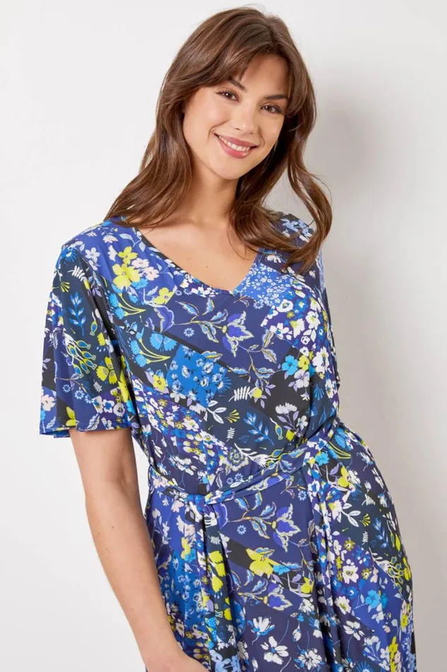 Women Navy Curve Patchwork Floral Maxi Dress Roman Dresses