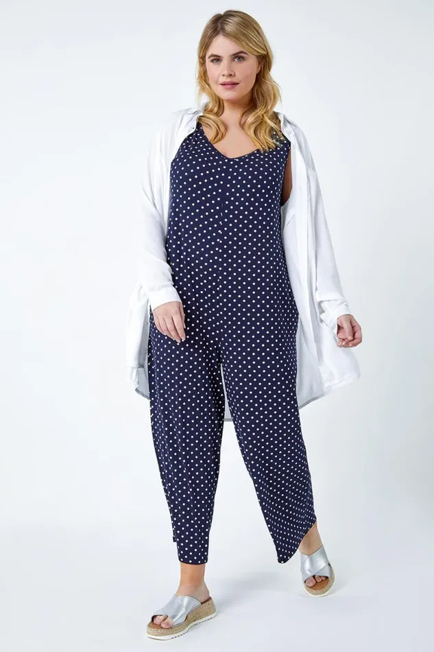 Women Navy Curve Polka Dot Stretch Jersey Jumpsuit Roman Dresses