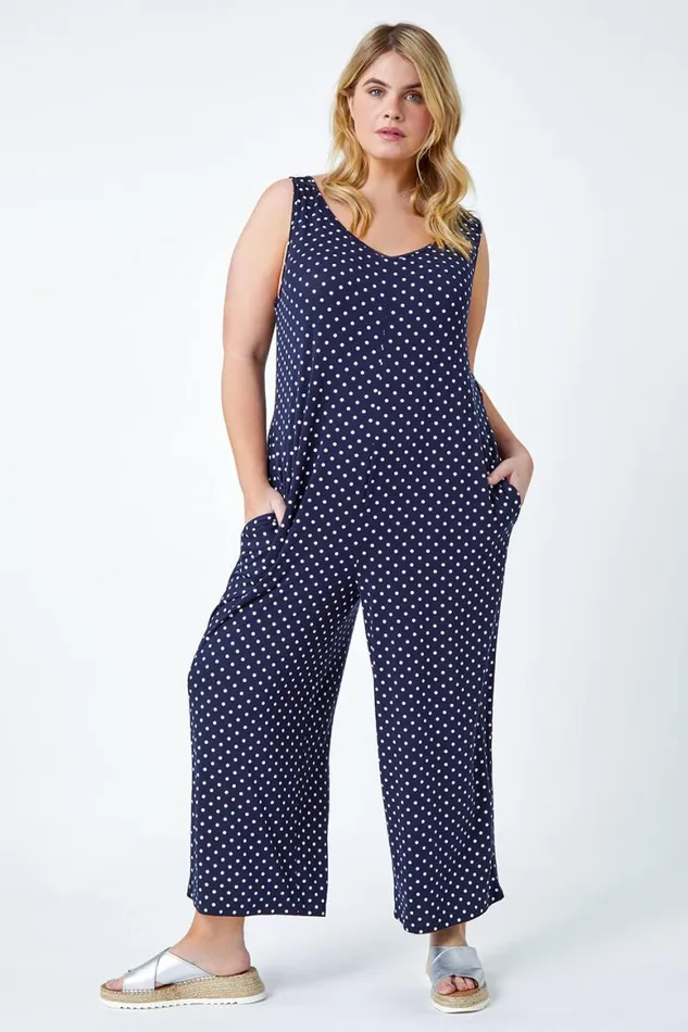 Women Navy Curve Polka Dot Stretch Jersey Jumpsuit Roman Dresses