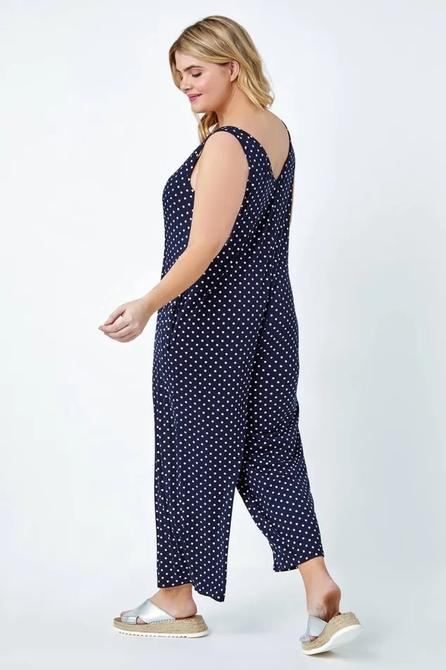 Women Navy Curve Polka Dot Stretch Jersey Jumpsuit Roman Dresses
