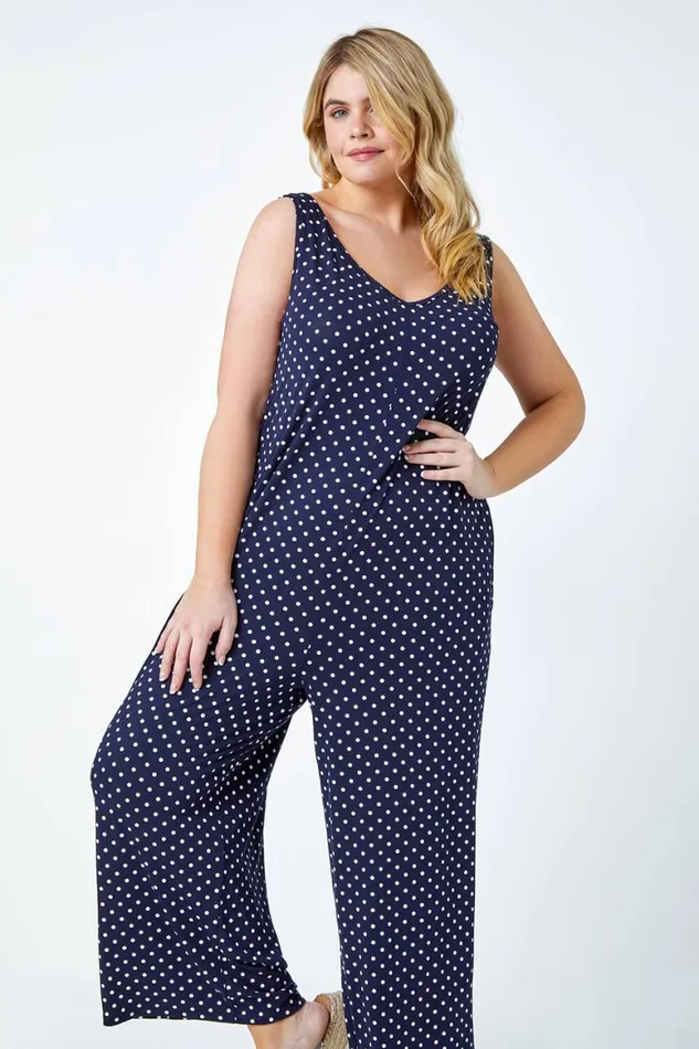 Women Navy Curve Polka Dot Stretch Jersey Jumpsuit Roman Dresses