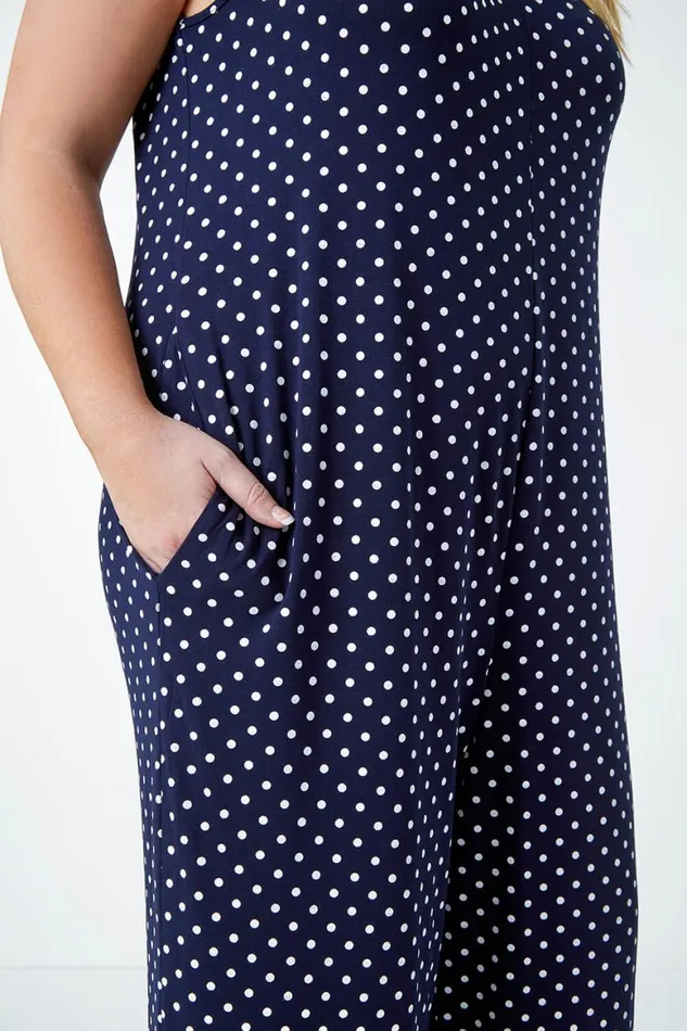 Women Navy Curve Polka Dot Stretch Jersey Jumpsuit Roman Dresses