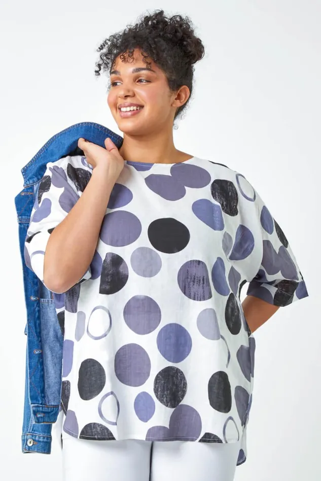 Women Navy Curve Relaxed Fit Spot Top Roman Tops