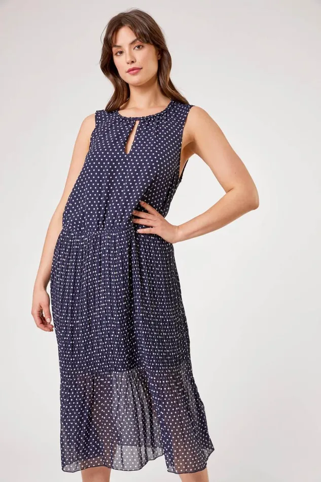 Women Navy Curve Spot Print Pleated Midi Dress Roman Dresses