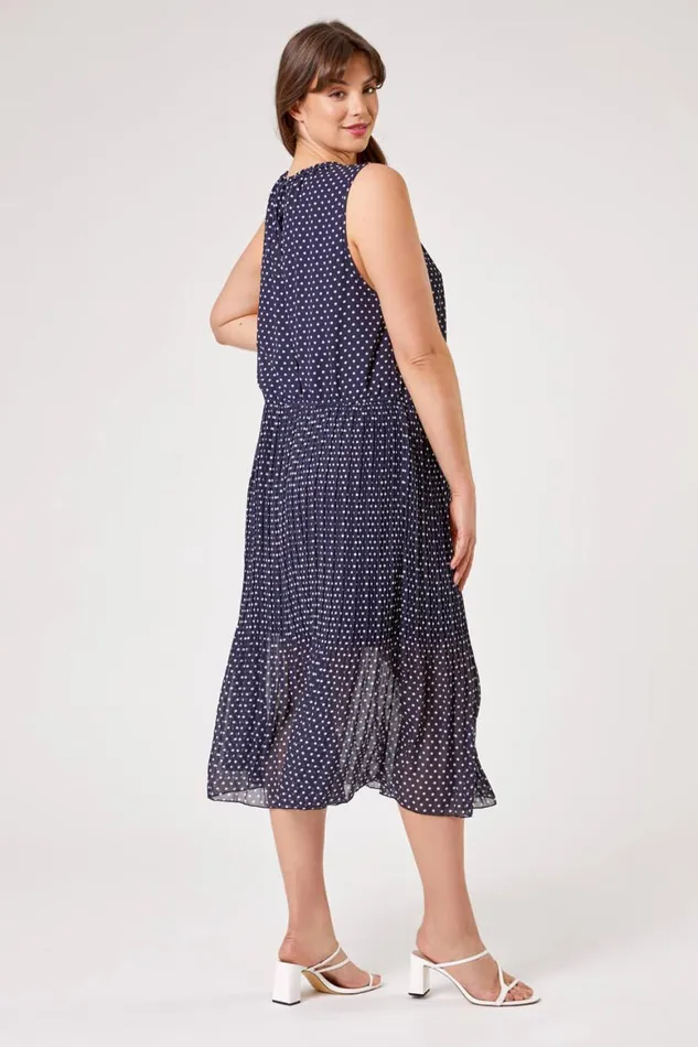 Women Navy Curve Spot Print Pleated Midi Dress Roman Dresses