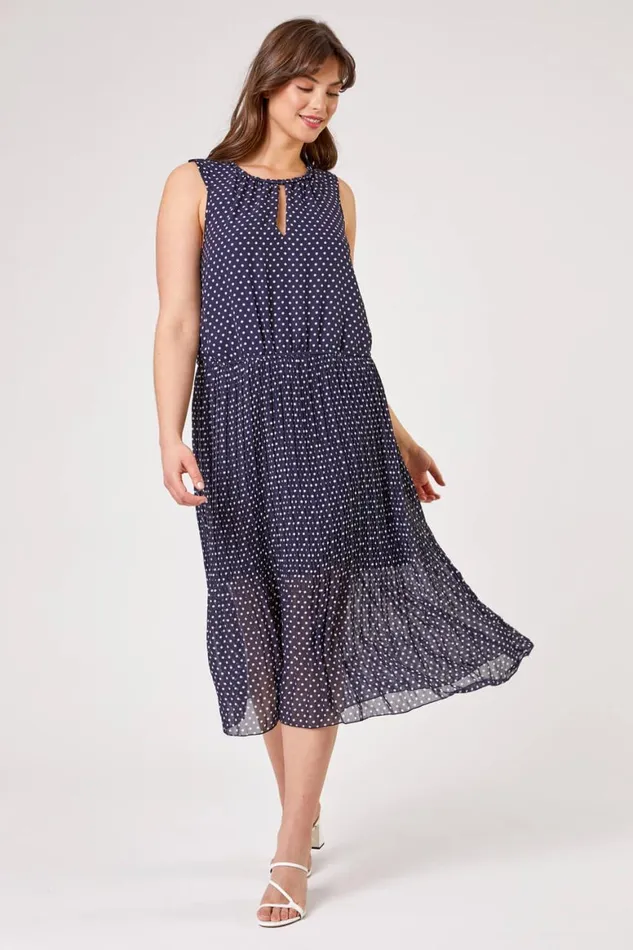Women Navy Curve Spot Print Pleated Midi Dress Roman Dresses