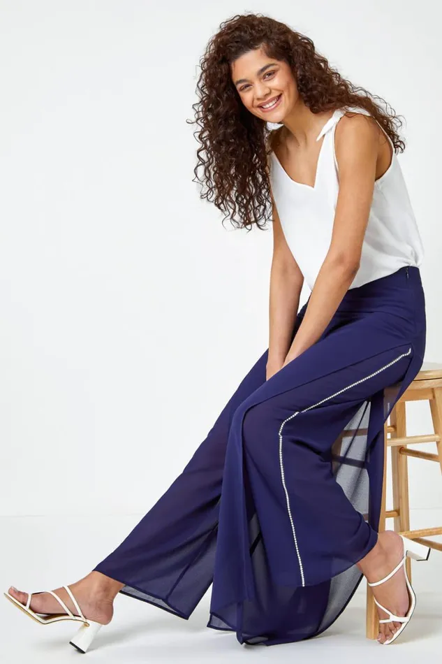 Women Navy Diamante Side Split Chiffon Trousers Roman Occasionwear