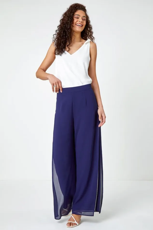 Women Navy Diamante Side Split Chiffon Trousers Roman Occasionwear