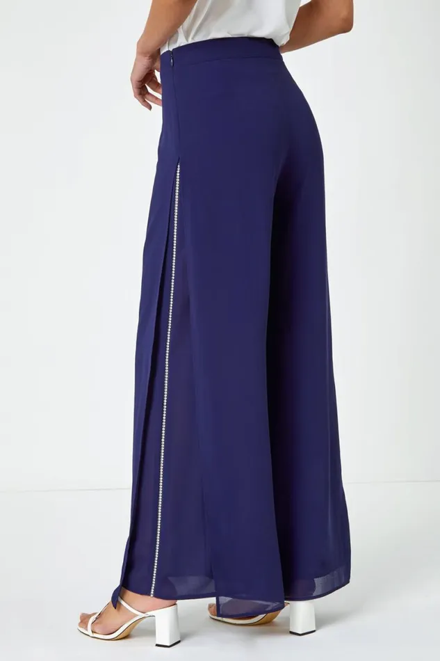 Women Navy Diamante Side Split Chiffon Trousers Roman Occasionwear