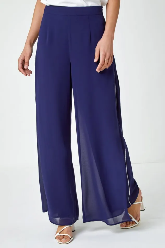 Women Navy Diamante Side Split Chiffon Trousers Roman Occasionwear