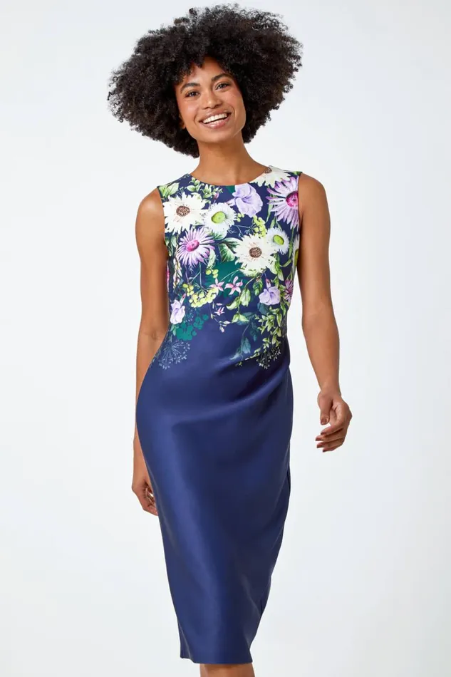 Women Navy Floral Border Print Stretch Shift Dress Roman Dresses