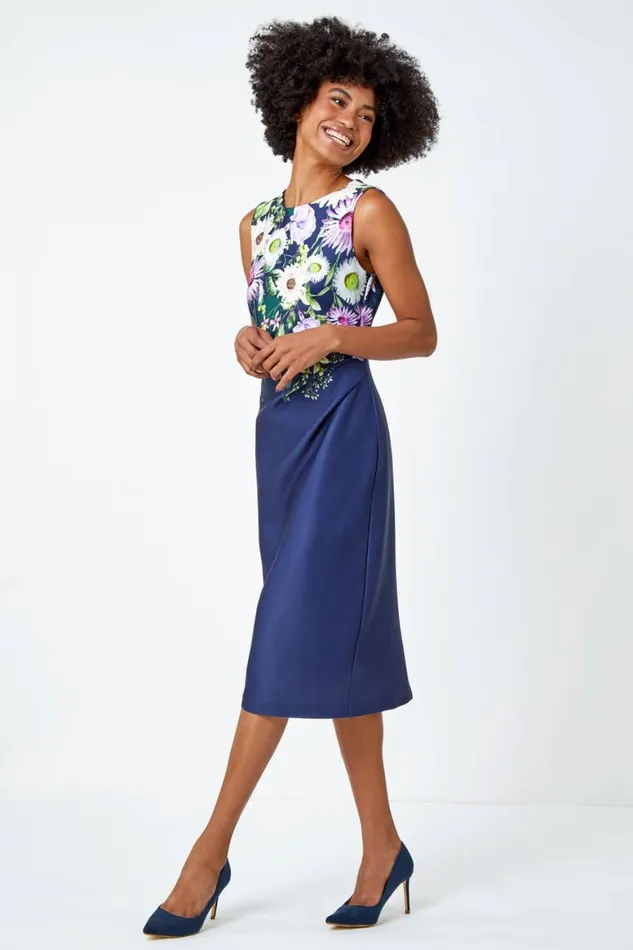 Women Navy Floral Border Print Stretch Shift Dress Roman Dresses
