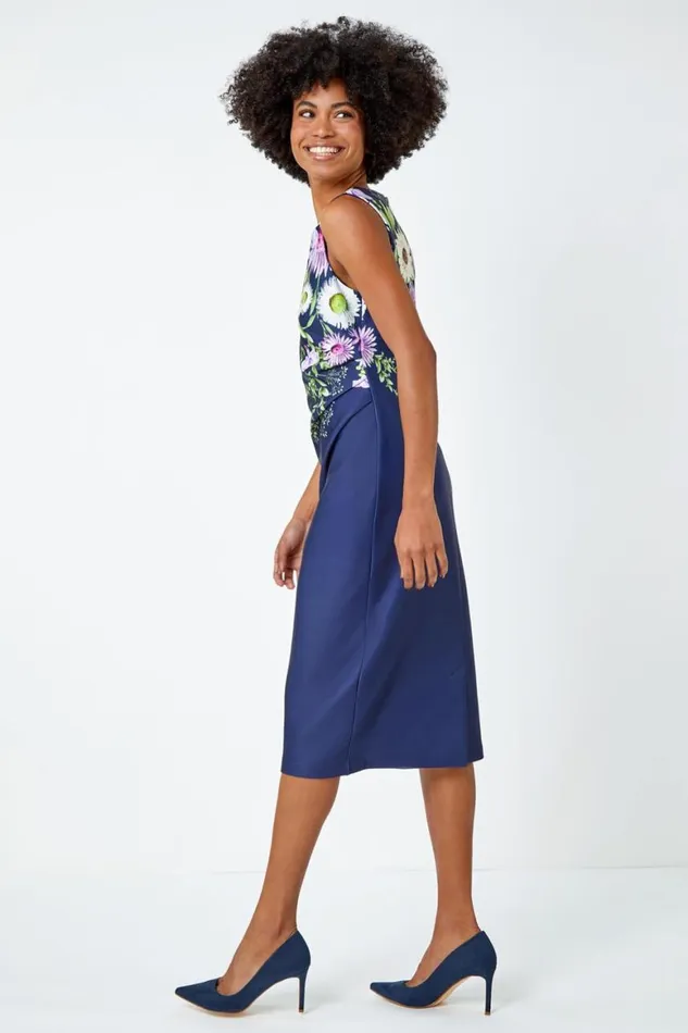 Women Navy Floral Border Print Stretch Shift Dress Roman Dresses