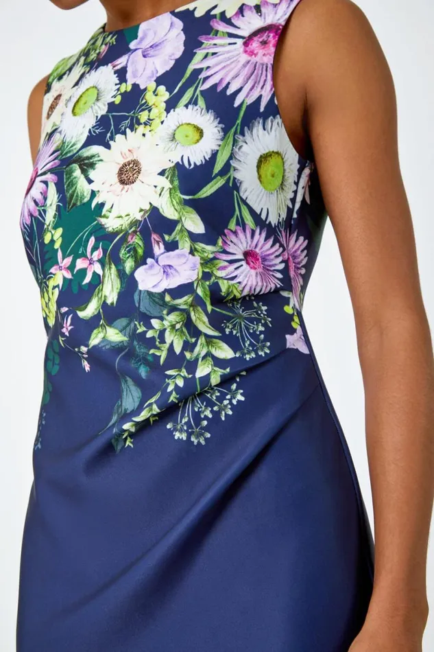 Women Navy Floral Border Print Stretch Shift Dress Roman Dresses