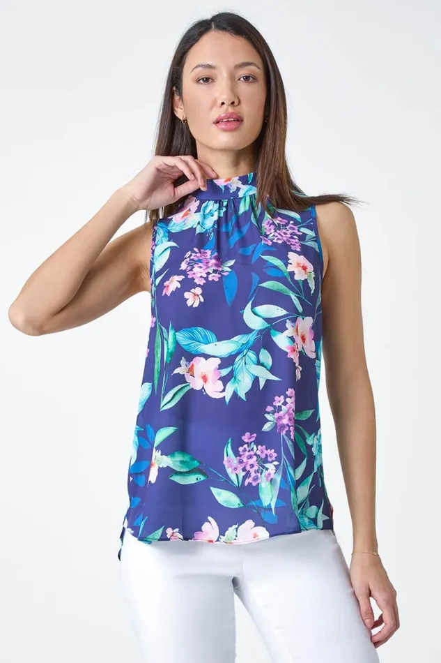 Women Navy Floral Halterneck Gathered Top Roman Tops