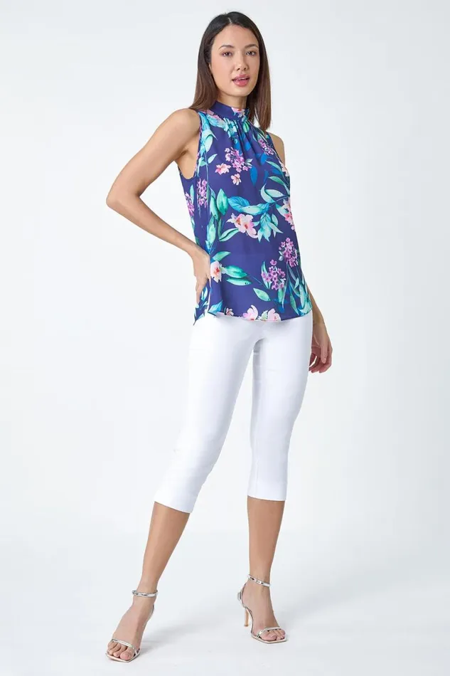 Women Navy Floral Halterneck Gathered Top Roman Tops