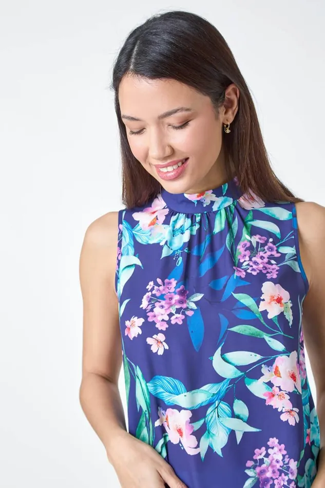 Women Navy Floral Halterneck Gathered Top Roman Tops