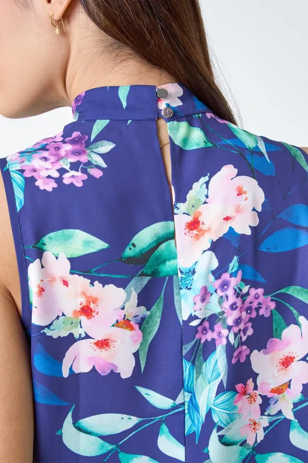 Women Navy Floral Halterneck Gathered Top Roman Tops