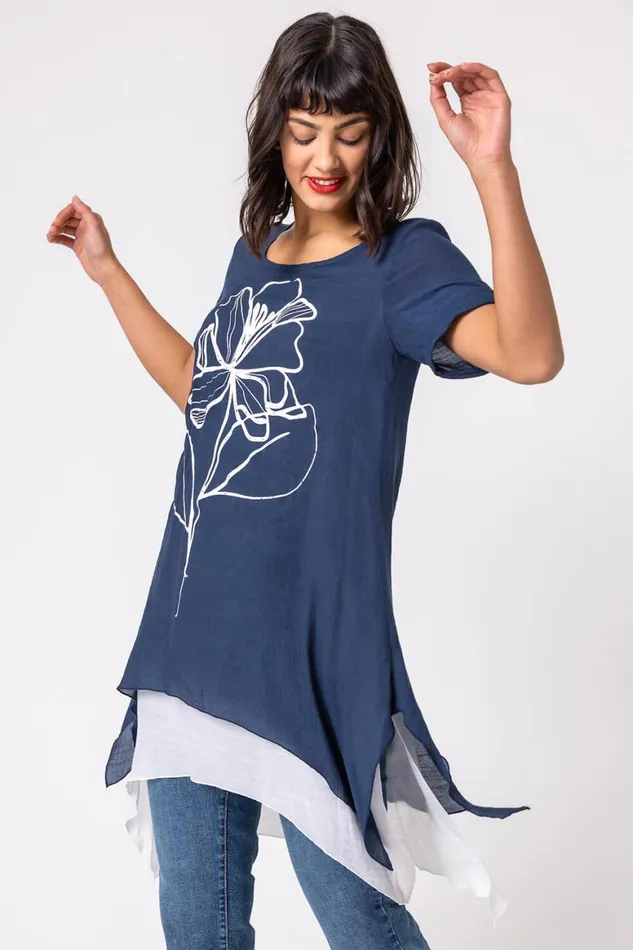 Women Navy Floral Motif Print Asymmetric Tunic Top Roman Tops