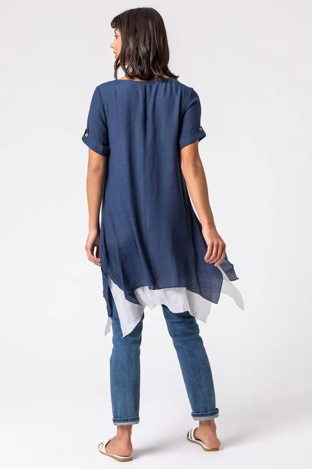 Women Navy Floral Motif Print Asymmetric Tunic Top Roman Tops