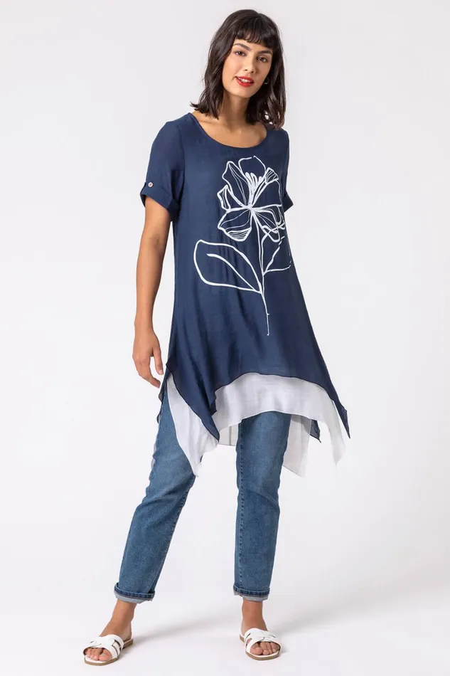 Women Navy Floral Motif Print Asymmetric Tunic Top Roman Tops