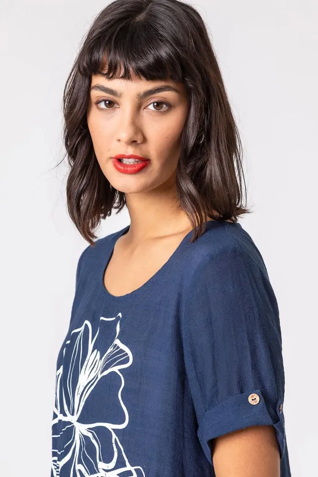 Women Navy Floral Motif Print Asymmetric Tunic Top Roman Tops