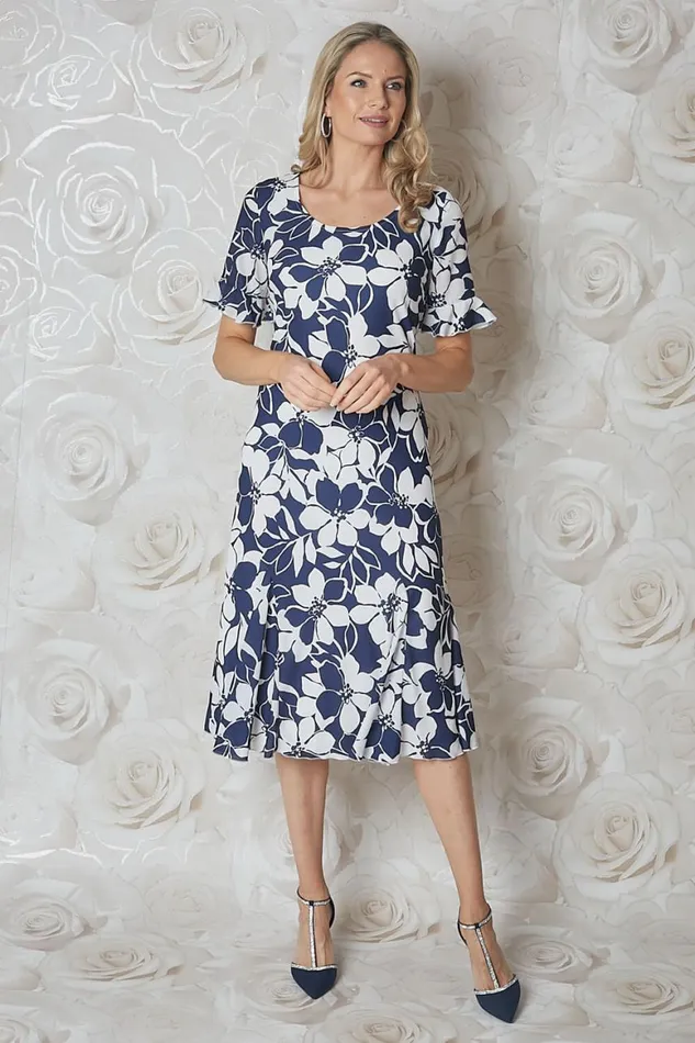 Women Navy Floral Print Bias Cut Chiffon Midi Dress Roman Occasionwear