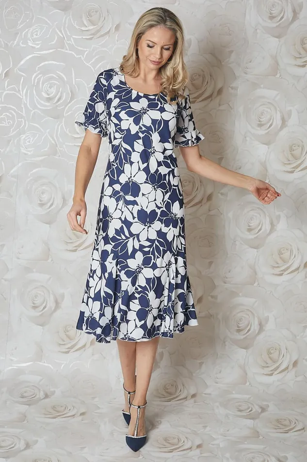 Women Navy Floral Print Bias Cut Chiffon Midi Dress Roman Occasionwear