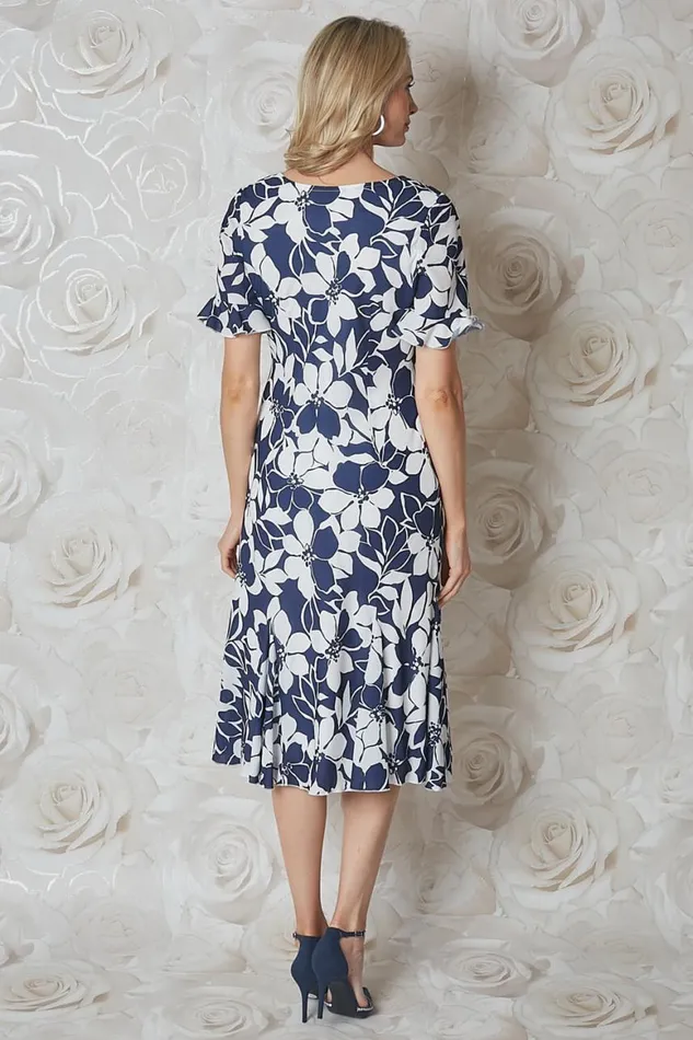 Women Navy Floral Print Bias Cut Chiffon Midi Dress Roman Occasionwear