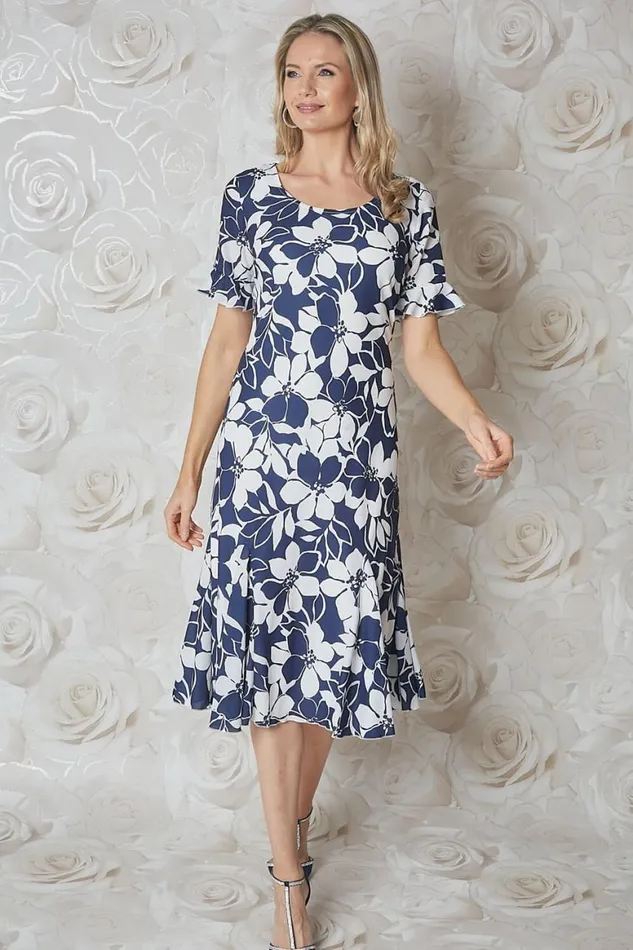 Women Navy Floral Print Bias Cut Chiffon Midi Dress Roman Occasionwear