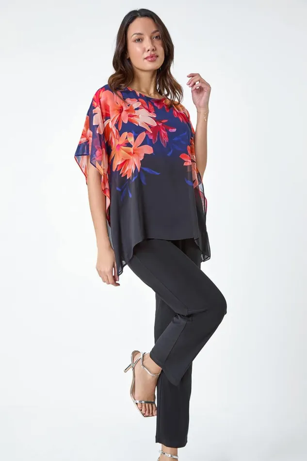 Women Navy Floral Print Chiffon Overlay Jumpsuit Roman Dresses