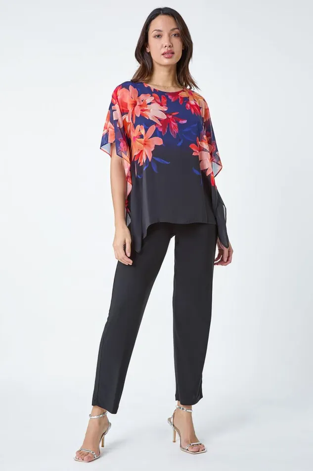 Women Navy Floral Print Chiffon Overlay Jumpsuit Roman Dresses