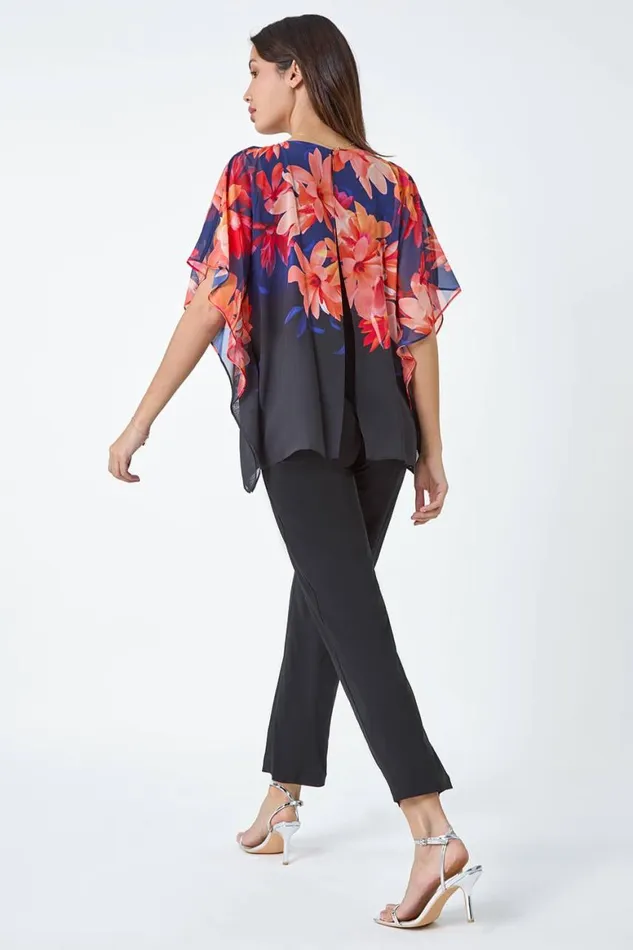 Women Navy Floral Print Chiffon Overlay Jumpsuit Roman Dresses