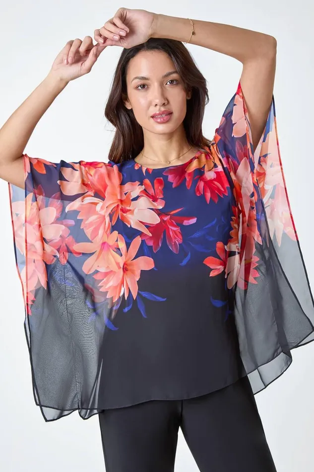 Women Navy Floral Print Chiffon Overlay Jumpsuit Roman Dresses