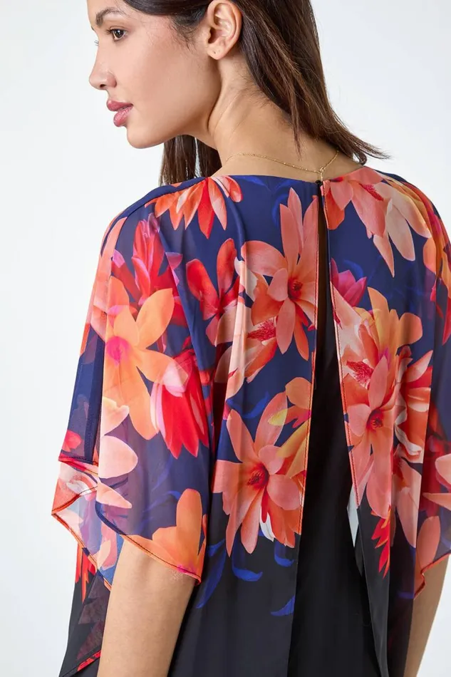 Women Navy Floral Print Chiffon Overlay Jumpsuit Roman Dresses