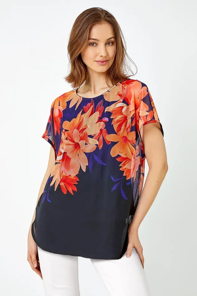 Women Navy Floral Print Overlay Stretch Top Roman Tops