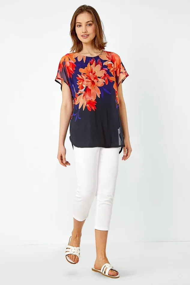 Women Navy Floral Print Overlay Stretch Top Roman Tops