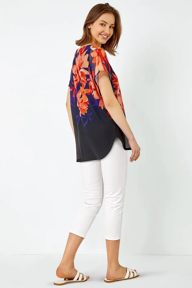 Women Navy Floral Print Overlay Stretch Top Roman Tops