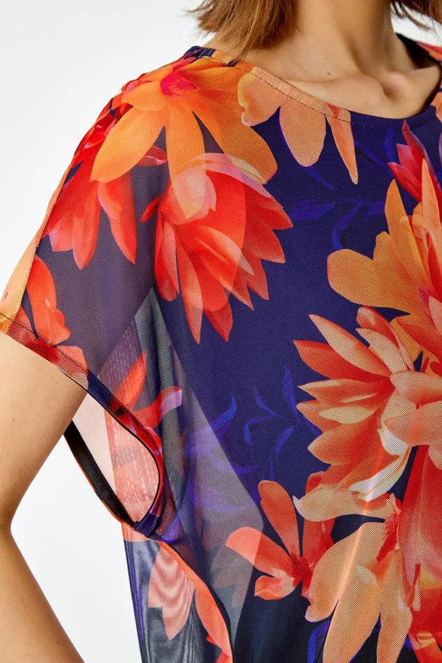 Women Navy Floral Print Overlay Stretch Top Roman Tops
