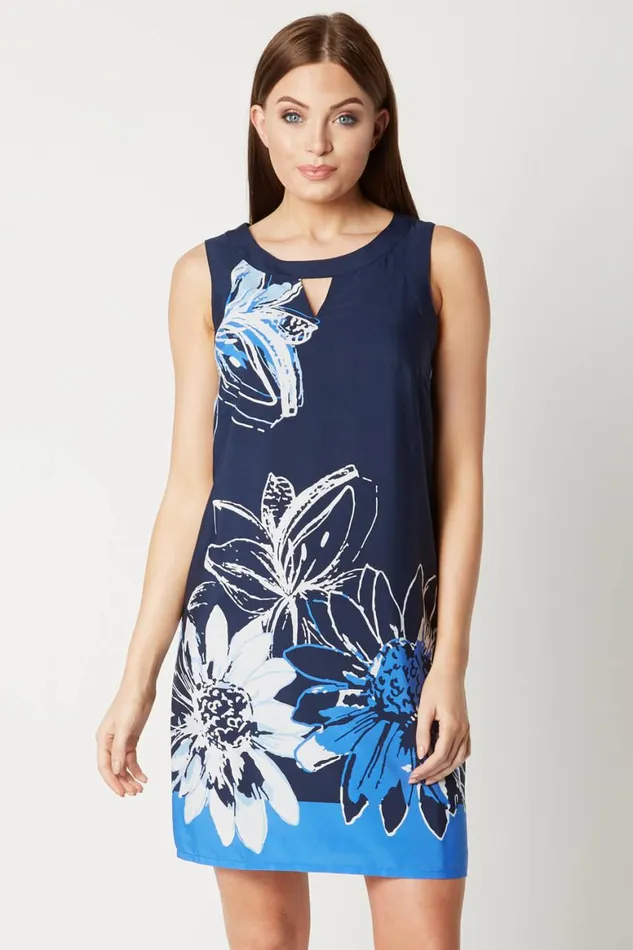 Women Navy Floral Print Shift Dress Roman Dresses