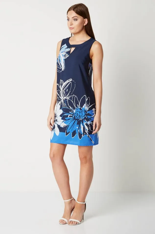 Women Navy Floral Print Shift Dress Roman Dresses