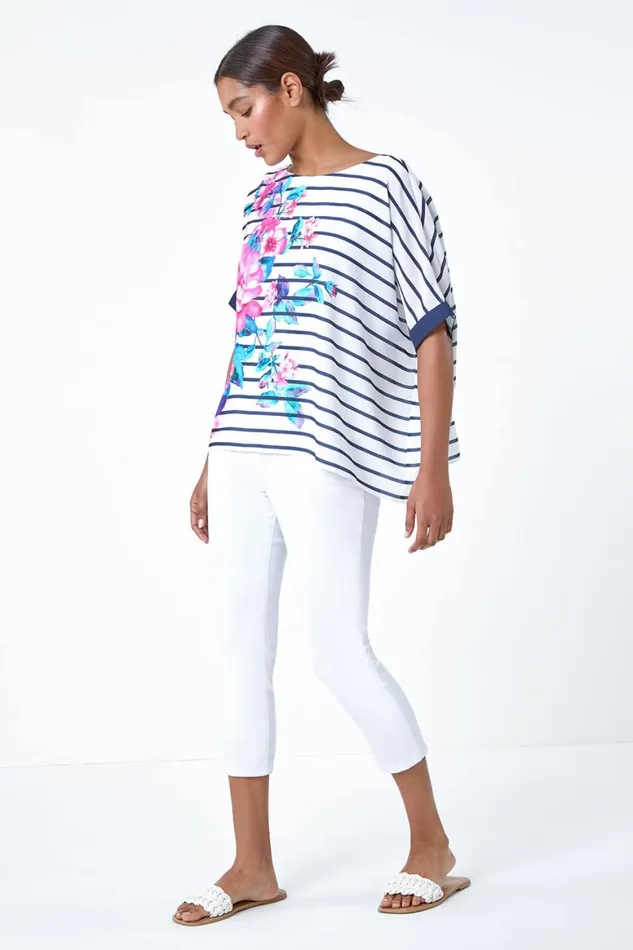 Women Navy Floral Stripe Print Woven Top Roman Tops