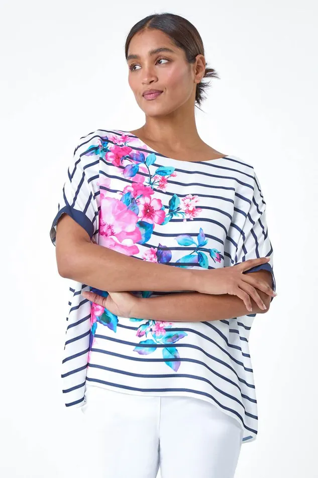 Women Navy Floral Stripe Print Woven Top Roman Tops