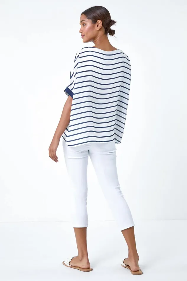 Women Navy Floral Stripe Print Woven Top Roman Tops