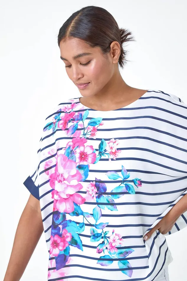 Women Navy Floral Stripe Print Woven Top Roman Tops
