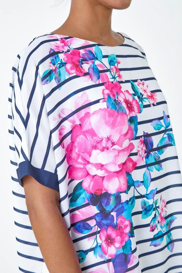 Women Navy Floral Stripe Print Woven Top Roman Tops