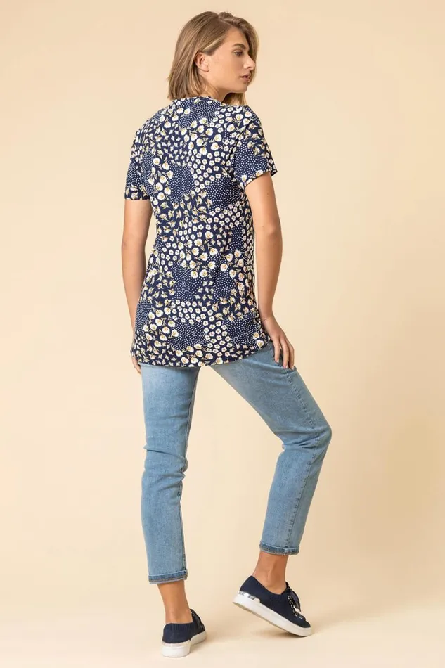 Women Navy Floral Tile Print Notch Neck Top Roman Tops