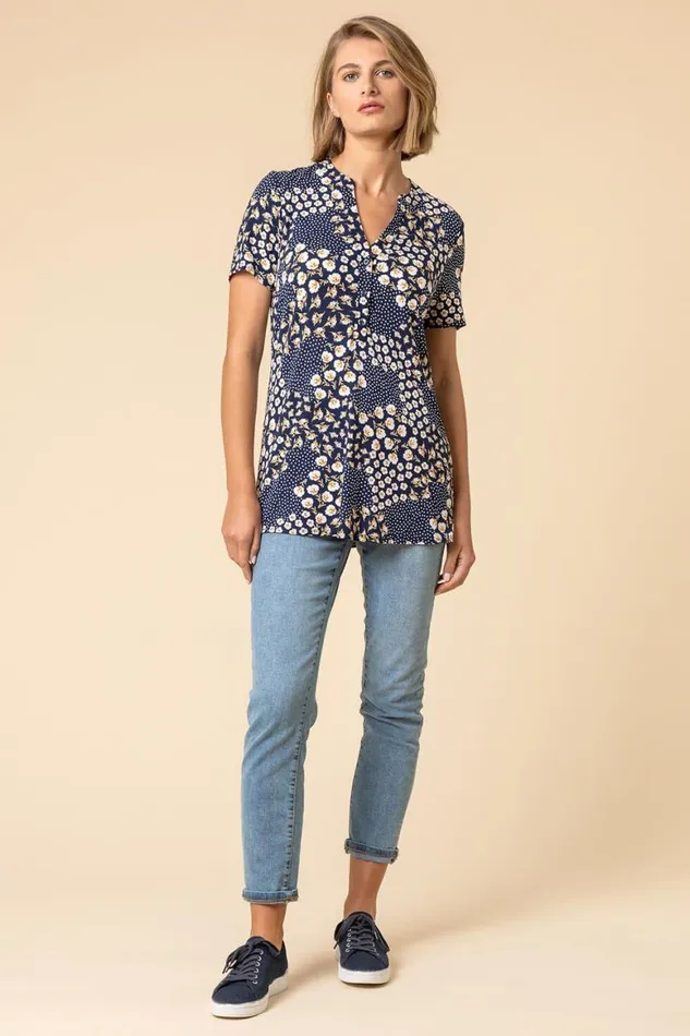 Women Navy Floral Tile Print Notch Neck Top Roman Tops