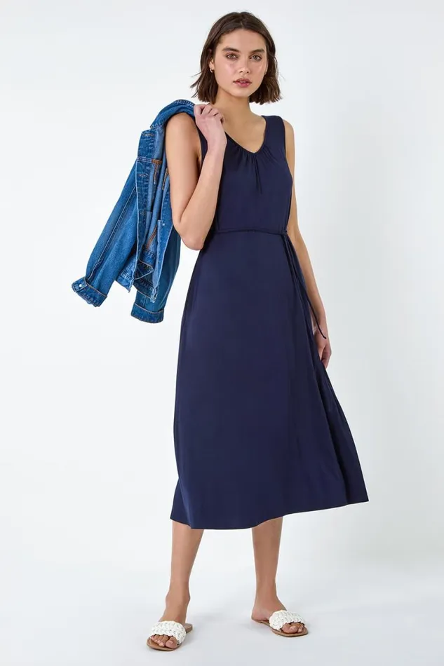 Women Navy Gathered Tie Detail Stretch Midi Dress Roman Dresses