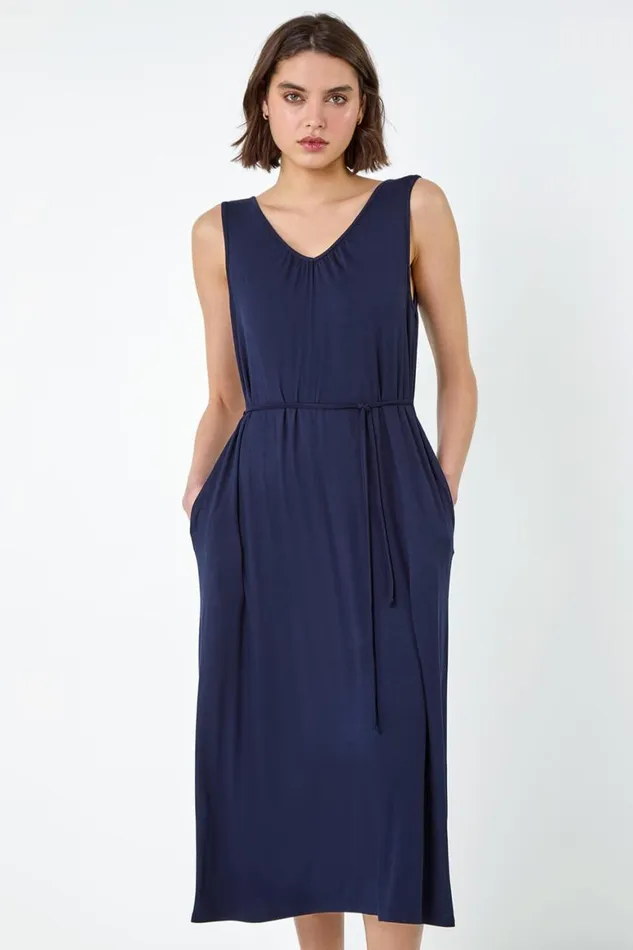 Women Navy Gathered Tie Detail Stretch Midi Dress Roman Dresses